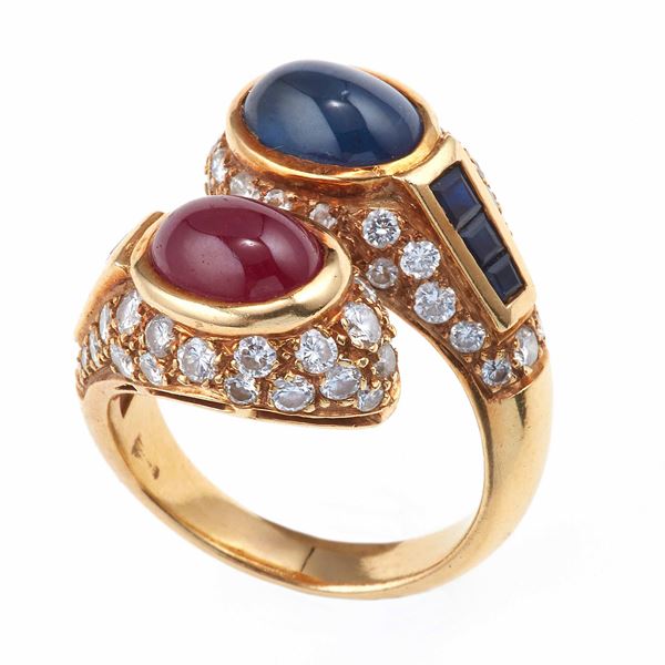 Ruby, sapphire, diamond and gold ring