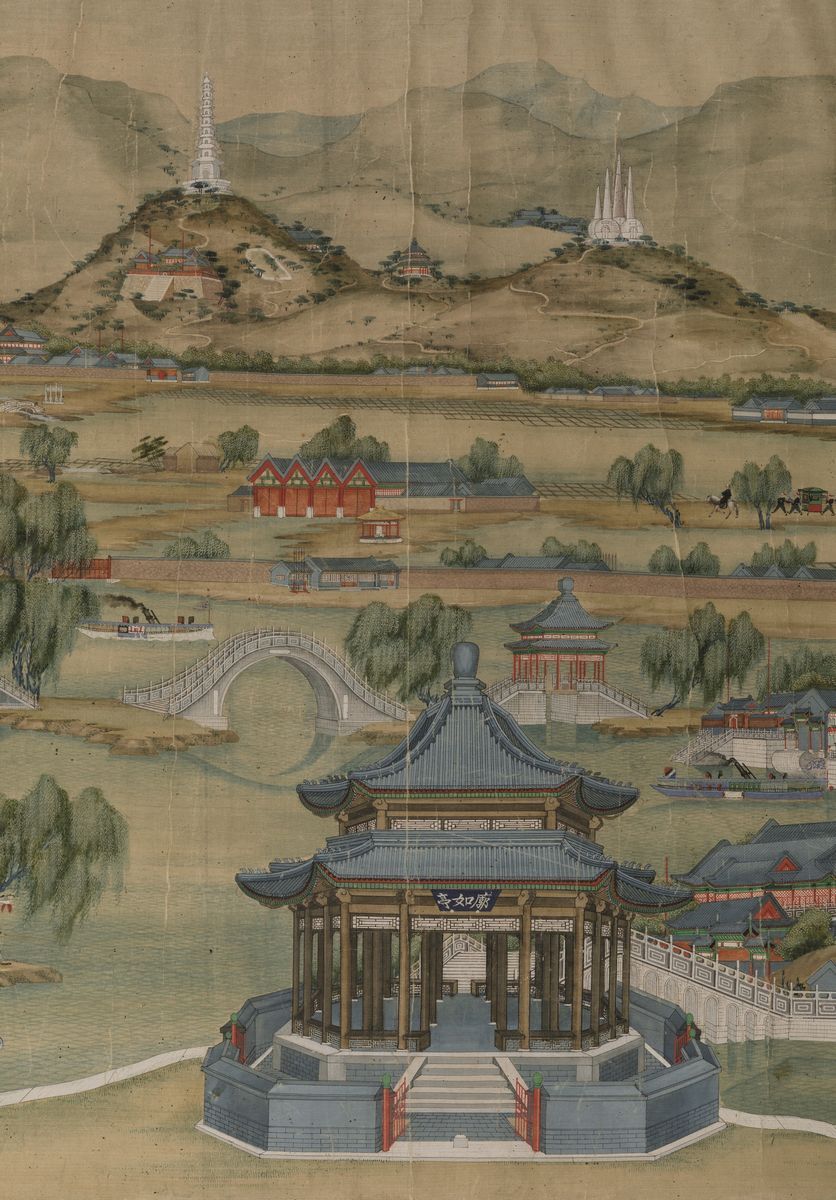 Raro e Grande Dipinto su Seta Raffigurante il Palazzo Imperiale, Cina, Dinastia Qing, Epoca Jiaqi...