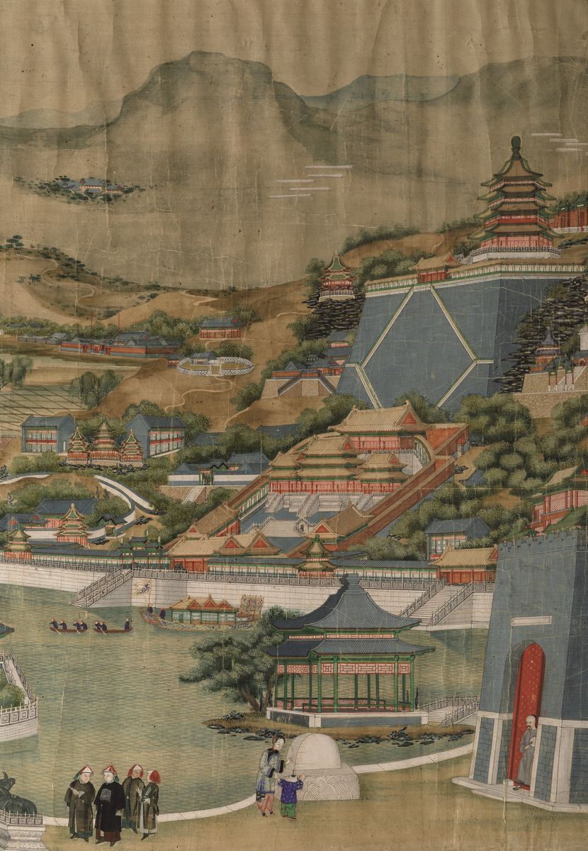Raro e Grande Dipinto su Seta Raffigurante il Palazzo Imperiale, Cina, Dinastia Qing, Epoca Jiaqi...