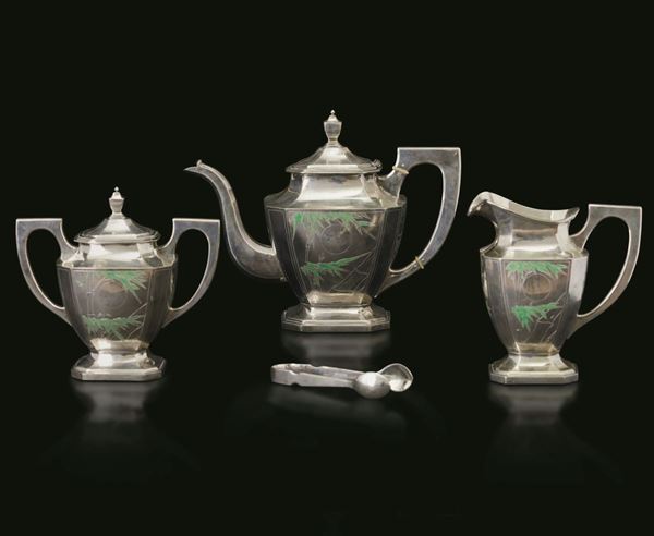 Servizio da thÃ¨ in argento composto da quattro pezzi con decori a canne di bambÃ¹ in smalto, Cina, Dinastia Qing (1644-1912)