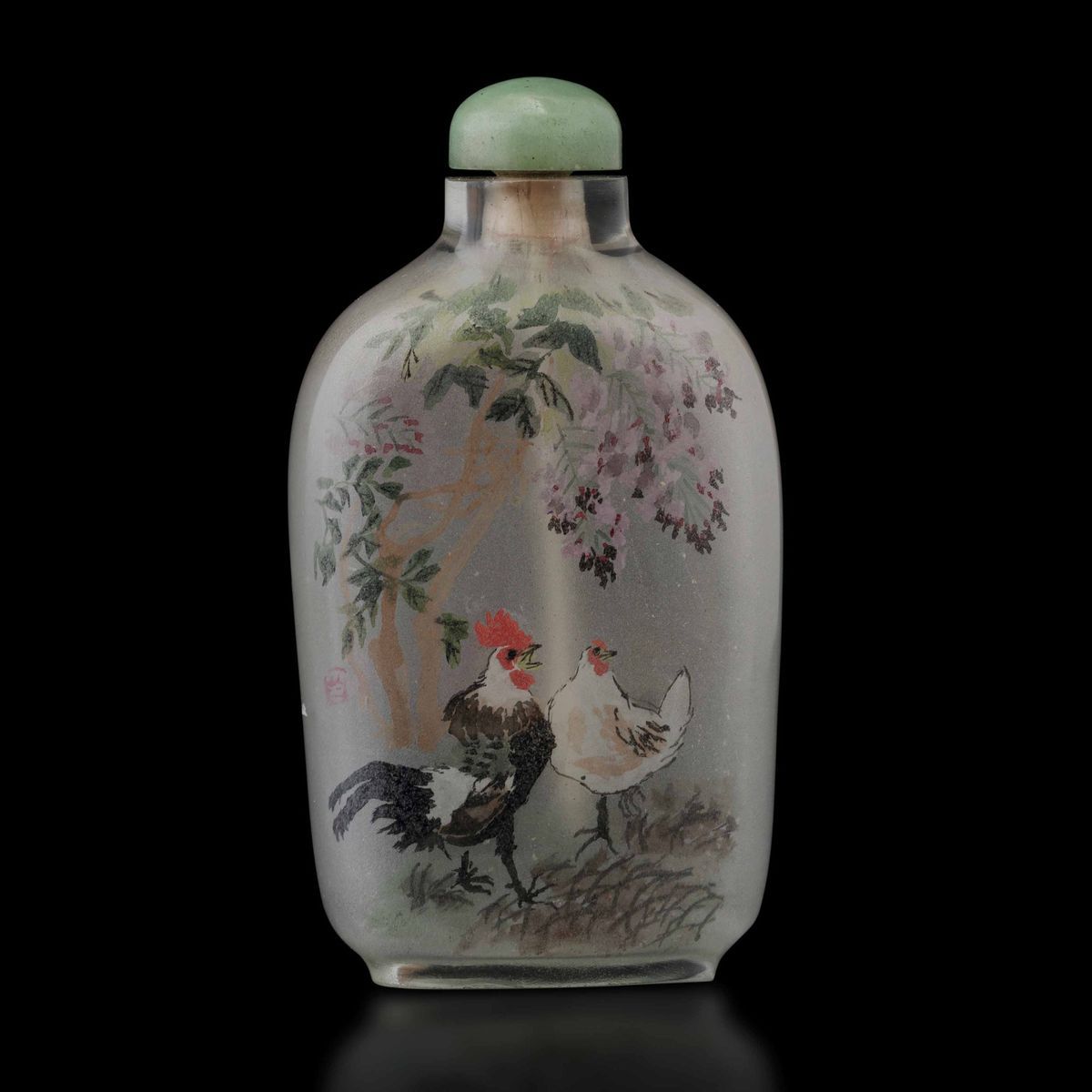 Snuff Bottle in Vetro con Galli, Galline e Iscrizione, Cina, Prima Metã del XX Secolo
