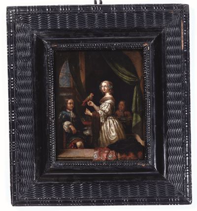 Gerrit Dou (leida 1613-1675), Attribuito Ascena di Interno con Gentiluomini e Fanciulla con Pappa...