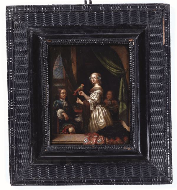 Gerrit Dou (Leida 1613-1675), attribuito a Scena di interno con gentiluomini e fanciulla con pappagalino