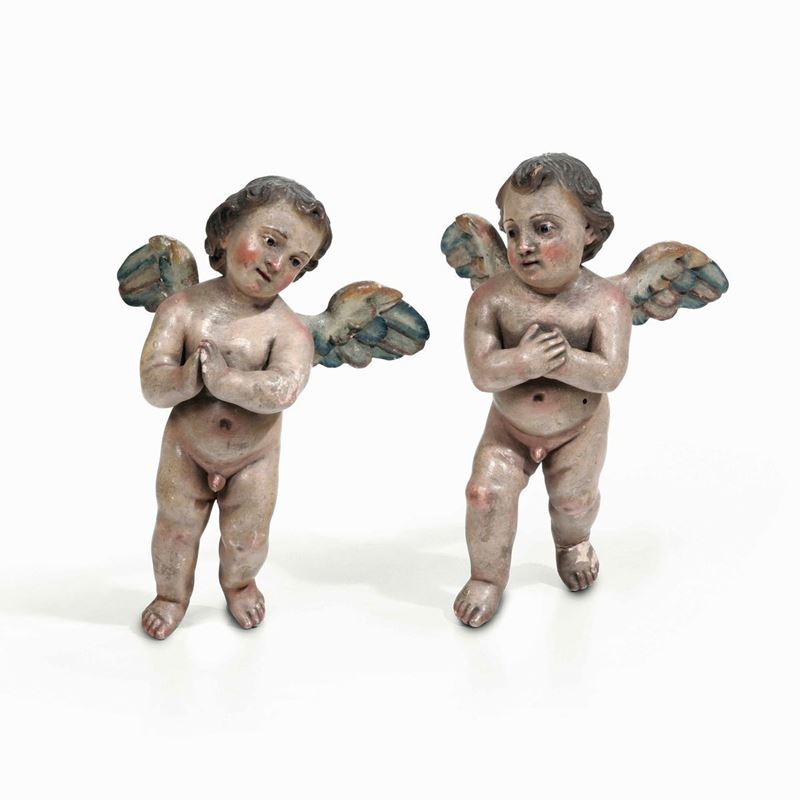 Coppia di angeli in legno policromo. Napoli XIX secolo  - Auction Italian Mansions - Cambi Casa d'Aste