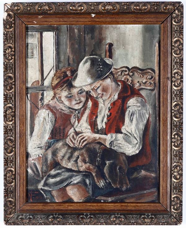 Pittore del XX secolo Bambini con cane