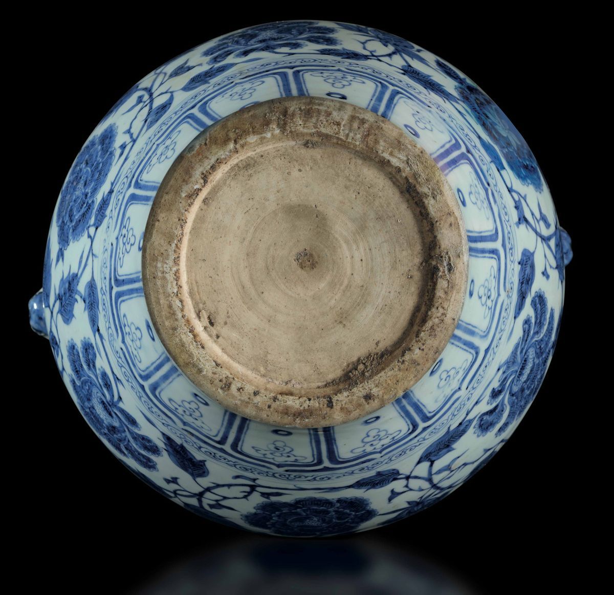Rara ed Eccezionale Jar in Porcellana Bianca e Blu con Decori Floreali, Figure di Fenici Entro Ri...
