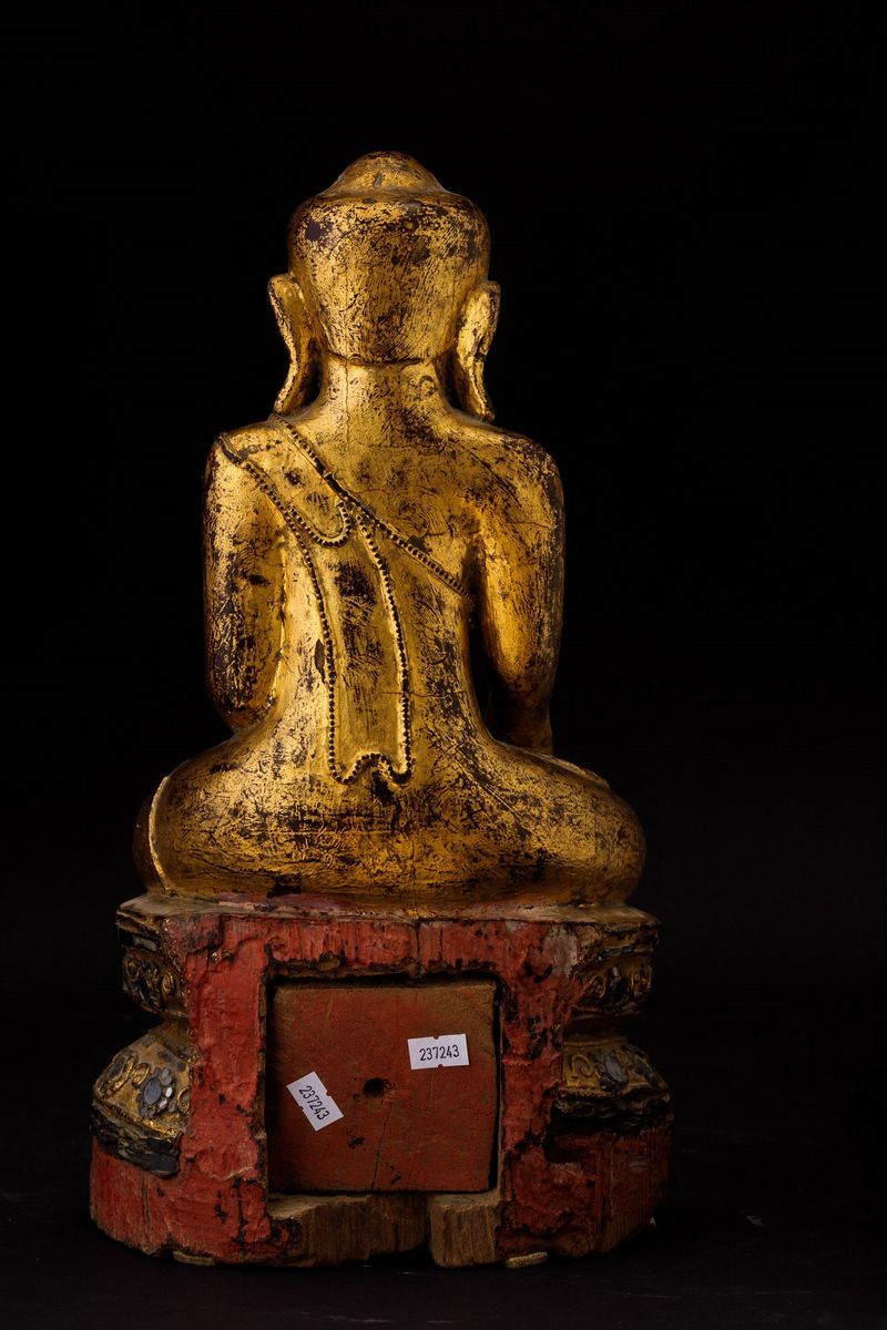 Scultura di Buddha in Legno Laccato e Dorato, Thailandia, XX Secolo