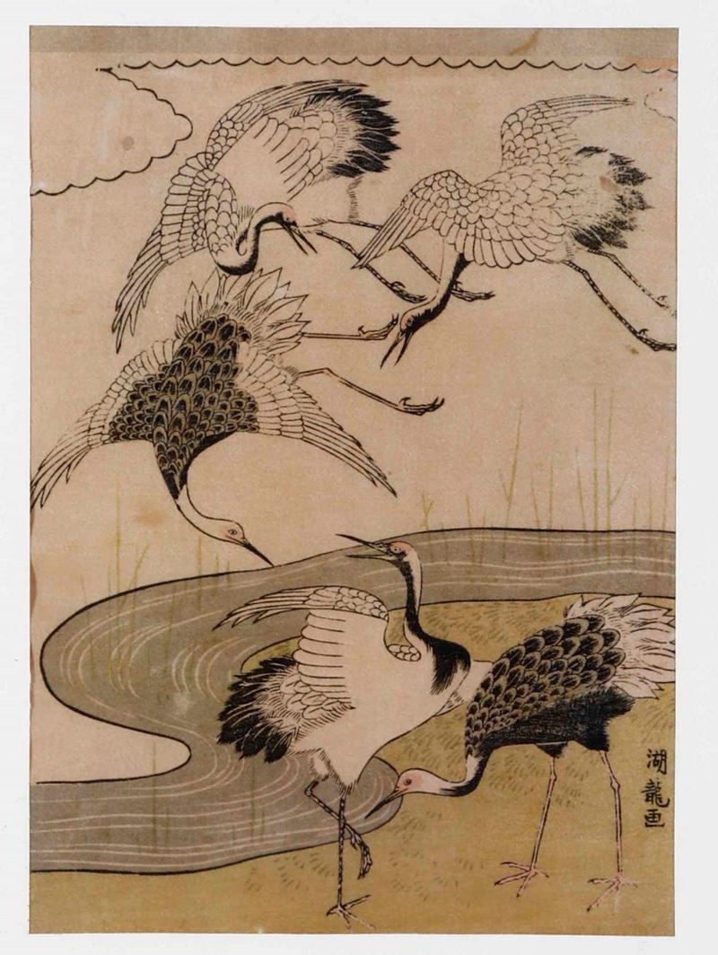 Xilografia su carta raffigurante gru con iscrizione, Giappone, XX secolo  - Auction Orietal Art - Cambi Casa d'Aste