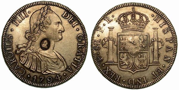 GRAN BRETAGNA. Carlos IV, 1788-1808. Moneta da 8 Reales 1794 di Carlos IV di Spagna contromarcata con l'effige di Giorgio III in ovale.