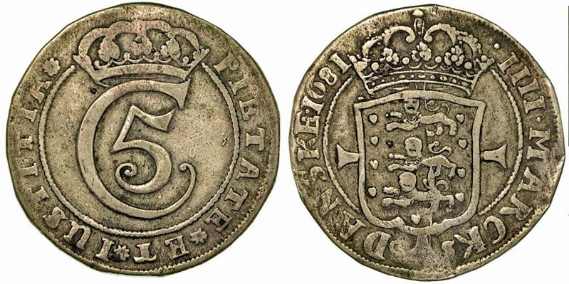 DANIMARCA. Christian V, 1670-1699. Krone (4 Mark) 1681.  - Auction Numismatics - Cambi Casa d'Aste