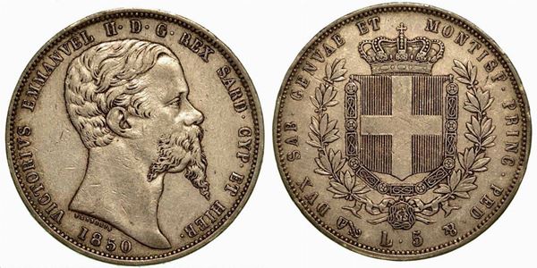 REGNO DI SARDEGNA. Vittorio Emanuele II di Savoia, 1849-1861. 5 Lire 1850, zecca di Genova.