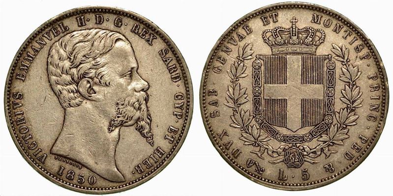 REGNO DI SARDEGNA. Vittorio Emanuele II di Savoia, 1849-1861. 5 Lire 1850, zecca di Genova.  - Asta Numismatica - Cambi Casa d'Aste