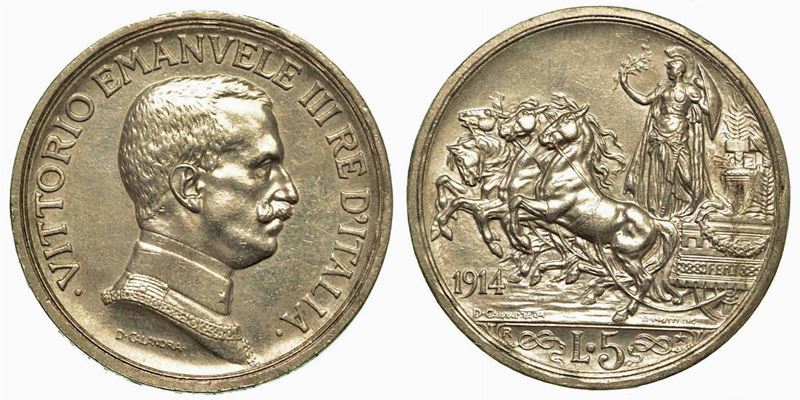 REGNO D'ITALIA. Vittorio Emanuele III di Savoia, 1900-1946. 5 Lire Quadriga Briosa 1914.  - Asta Numismatica - Cambi Casa d'Aste