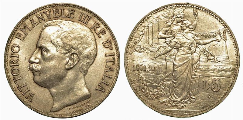 REGNO D'ITALIA. Vittorio Emanuele III di Savoia, 1900-1946. 5 Lire Cinquantenario 1911.  - Auction Numismatics - Cambi Casa d'Aste
