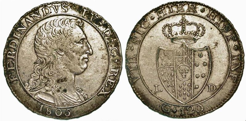 NAPOLI. Ferdinando IV di Borbone, 1799-1805 (secondo periodo). 120 Grana 1805 (capelli ricci).  - Auction Numismatics - Cambi Casa d'Aste