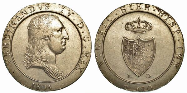 NAPOLI. Ferdinando IV di Borbone, 1799-1805 (secondo periodo). 120 Grana 1805 (capelli lisci).
