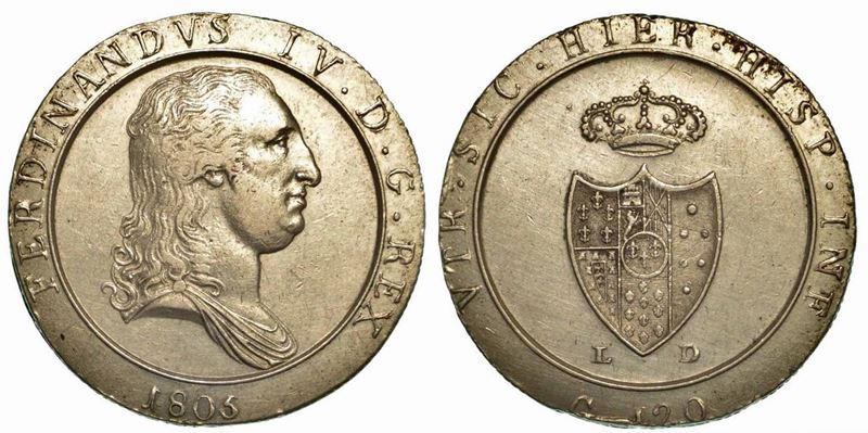 NAPOLI. Ferdinando IV di Borbone, 1799-1805 (secondo periodo). 120 Grana 1805 (capelli lisci).  - Auction Numismatics - Cambi Casa d'Aste