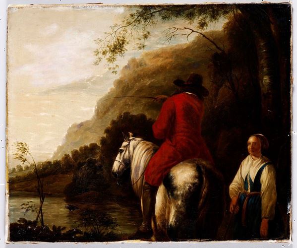 Aelbert Cuyp (1620 - 1691), ambito di Fanciulla e uomo a cavallo