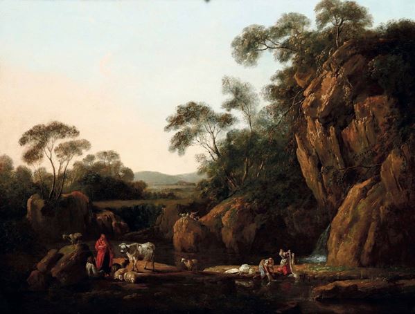 Pieter Andras Rysbraeck il Vecchio (Parigi 1684 - Londra 1748), attribuito a Paesaggio roccioso con cascata e lavandaie