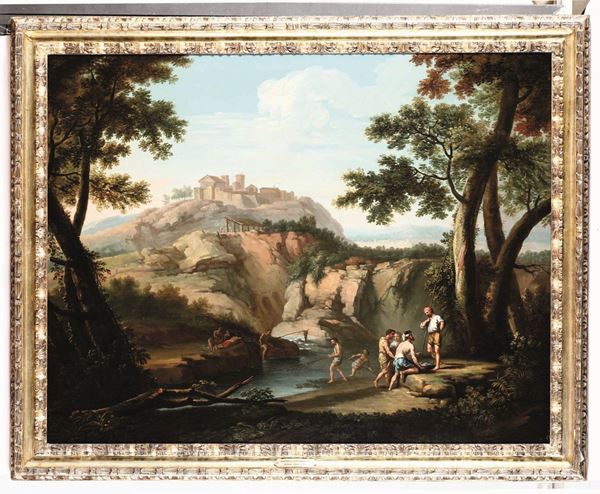 Paesaggio fluviale con personaggi e cittadella sullo sfondo