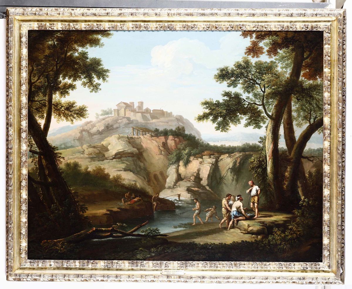 Andrea Locatelli (roma 1695-1741)paesaggio Fluviale con Personaggi e Cittadella sullo Sfondo