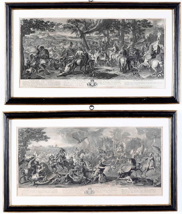 Audran, Jean (da Charles Le Brun) Coppia di incisioni raffiguranti scene di battaglie di Alessandro il Grande. Prima metà sec. XVIII.