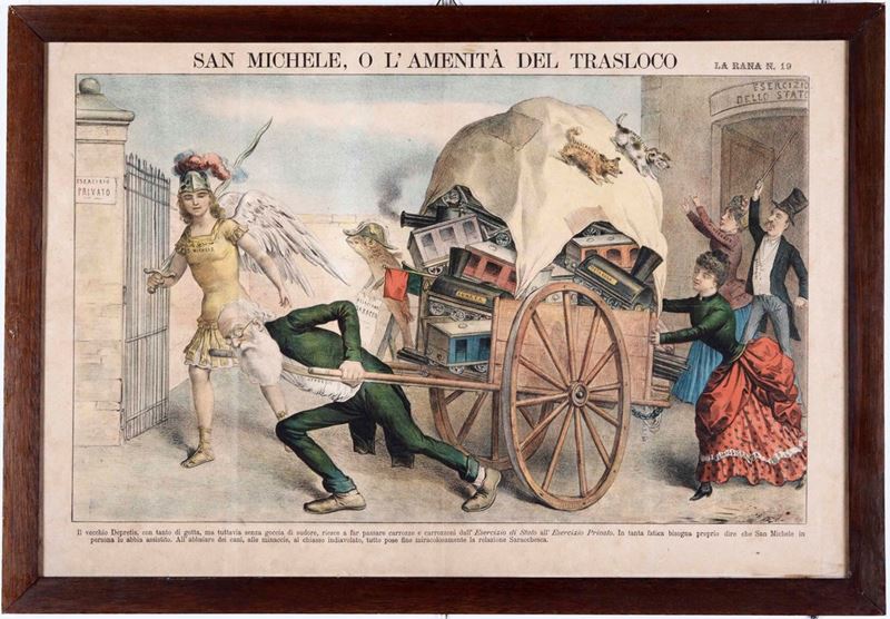  Litografia satirica, Italia fine XIX secolo: San Michele o l'Amenità del trasloco  - Auction Rare Books - Cambi Casa d'Aste