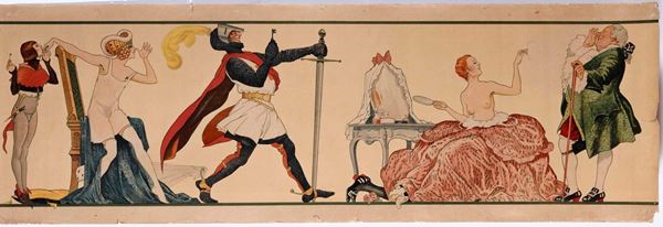  Tre grandi litografie umoristiche di amori celebri a colori, Francia fine XIX inizio XX secolo