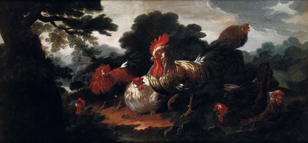 Giovanni Agostino Cassana Venezia 1658 - Genova 1720) Paesaggi con galli, galline e colombe