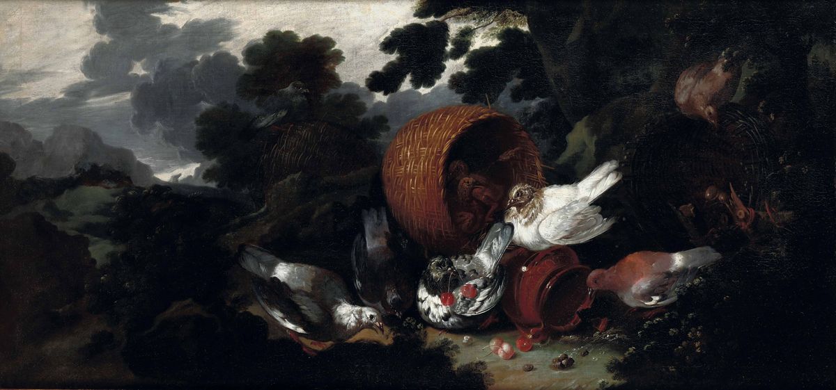 Giovanni Agostino Cassana Venezia 1658 - Genova 1720)paesaggi con Galli, Galline e Colombe