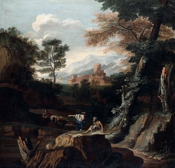 Bartolomeo Torreggiani (Napoli? - Roma 1675?) Paesaggio con personaggi e architetture