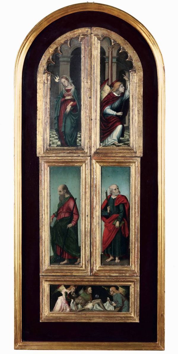 Scuola lombarda dell'inizio del XVI secolo Polittico a cinque scomparti raffigurante l’Annunciazione, la Deposizione e santi