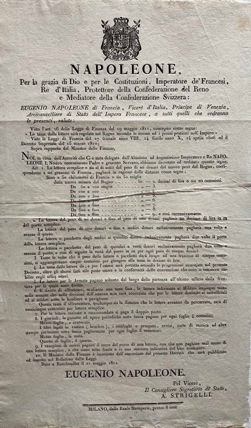 1811, Decreto del 21 maggio 1811 di Eugenio Napoleone  - Auction Postal History and Philately - Cambi Casa d'Aste