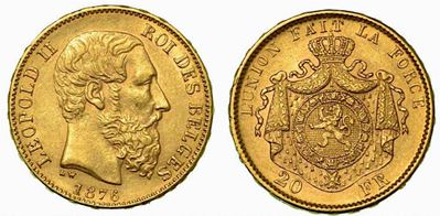 Belgio. Leopold II, 1865-1909. 20 Francs 1876.