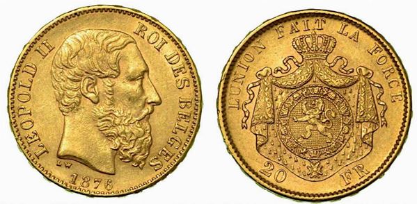BELGIO. Leopold II, 1865-1909. 20 Francs 1876.