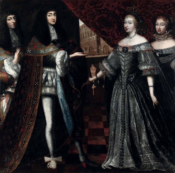 Scuola piemontese del XVII secolo Carlo Emanuele II di Savoia con Giovanna Battista di Nemours e due personaggi della corte Sabauda