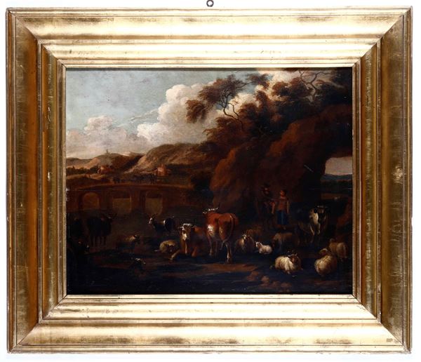 Scuola romana del XVIII secolo Paesaggio con pastori e armenti