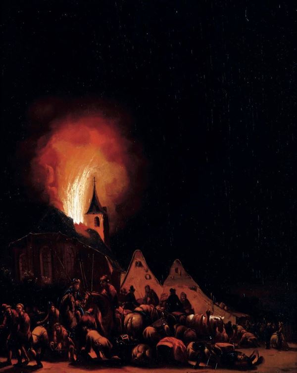 Adriaen Lievensz van der Poel (Delft 1628 - Leida 1671) Notturno con chiesa in fiamme