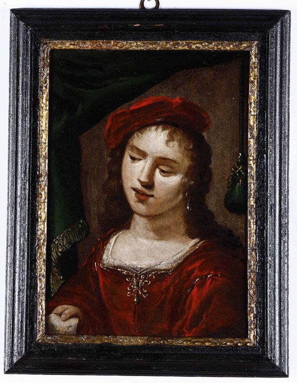 Hans Bol (Mechelen 1534 - Amsterdam 1593), attribuito a Ritratto di fanciulla in abito rosso