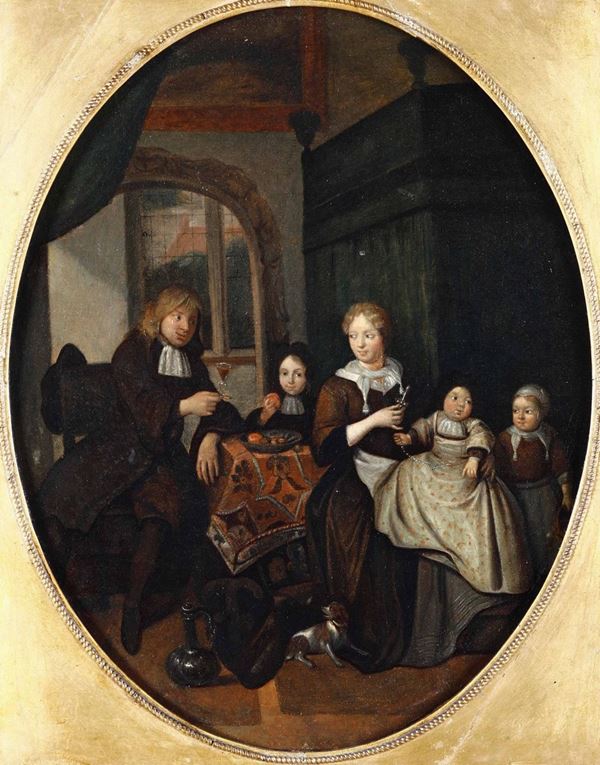 Richard Brakenburg (Harleem 1650-1702) Scena di interno con ritratto di famiglia