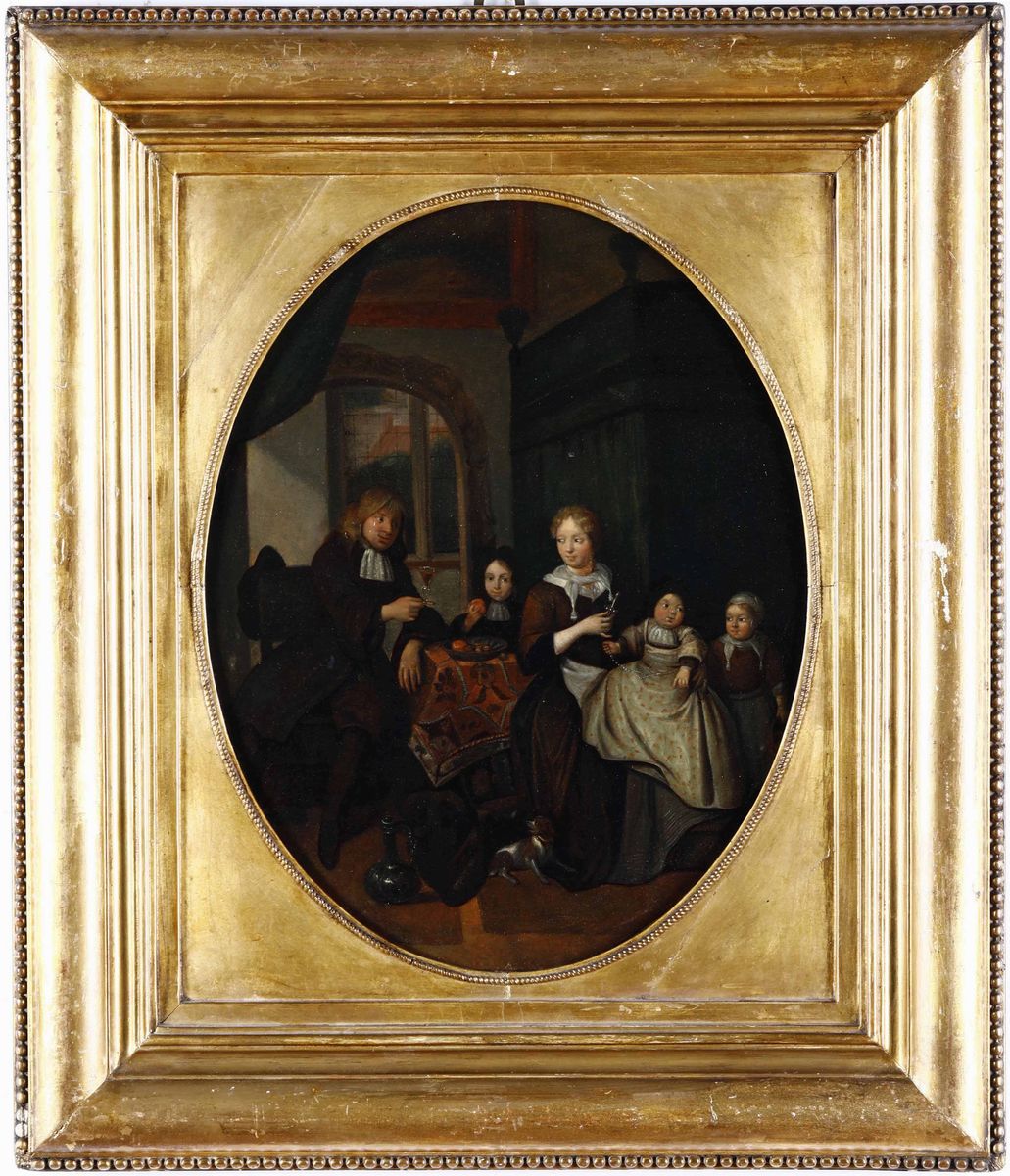 Richard Brakenburg (harleem 1650-1702)scena di Interno con Ritratto di Famiglia