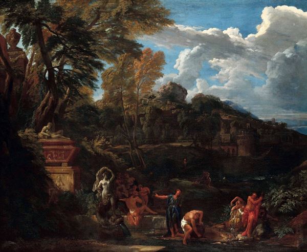 Pieter Rijsbraeck (Anversa 1655 - Buruxelles 1729) Paesaggio con scena di baccanale