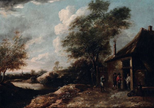 Thomas Van Apshoven (Anversa 1622-1664 ca.) Paesaggio con viandanti