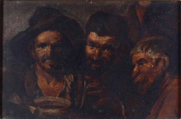 Pittore del XIX-XX secolo Tre uomini in taverna