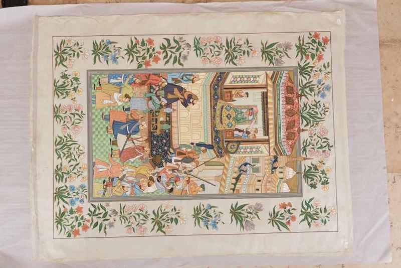 Dipinto Moghul raffigurante sudditi al cospetto del sultano, Persia, XIX secolo  - Asta Fine Chinese Works of Art - Cambi Casa d'Aste