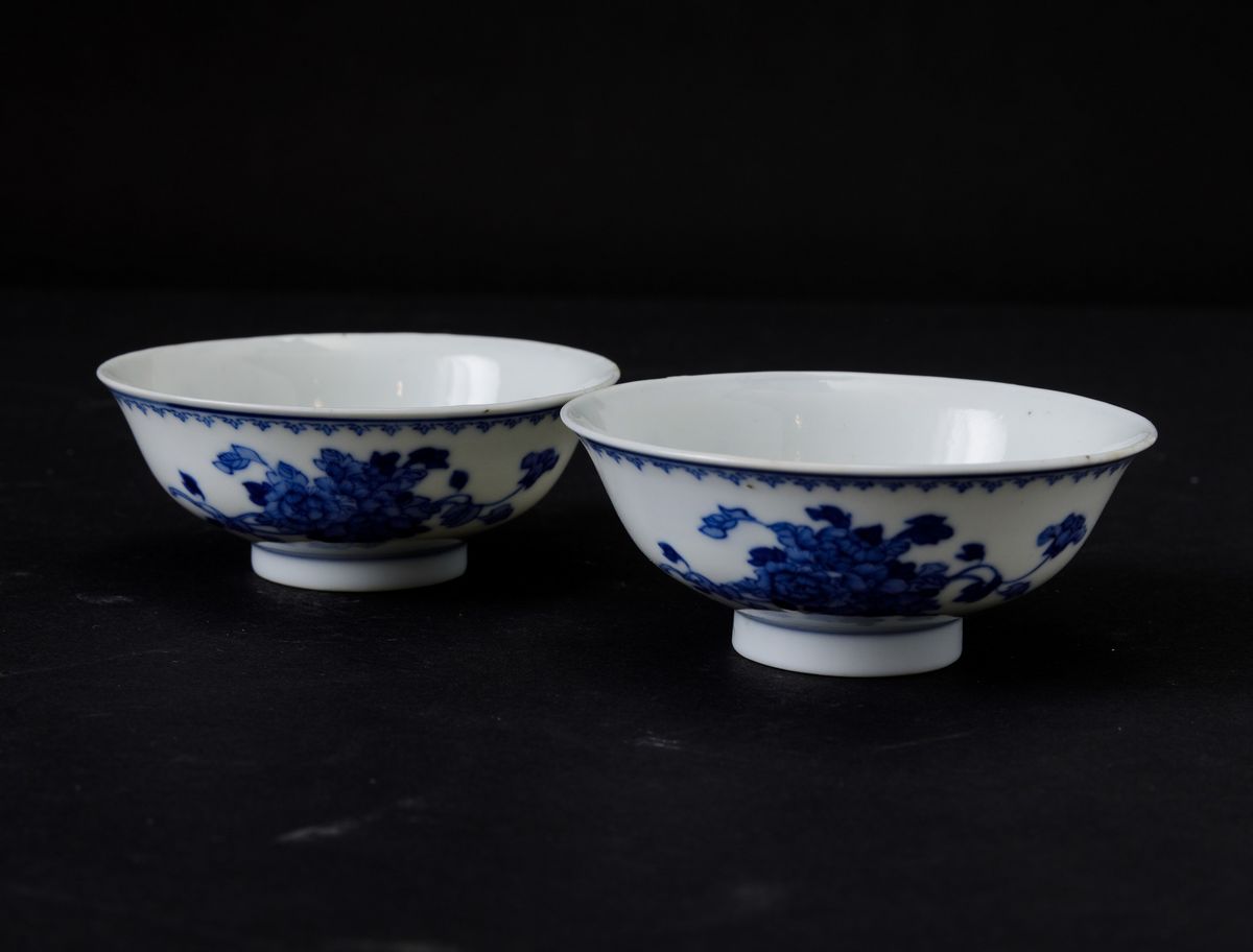 Coppia di Ciotole in Porcellana Bianca e Blu con Decori Floreali, Cina, Dinastia Qing, XIX Secolo