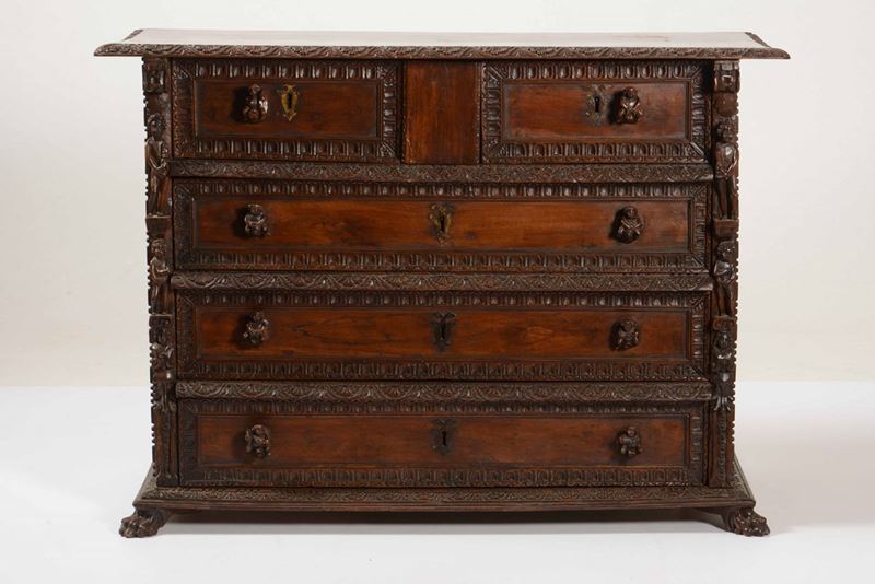 Comò in legno intagliato a bambocci, XVIII secolo  - Auction Antiques | Time Auction - Cambi Casa d'Aste