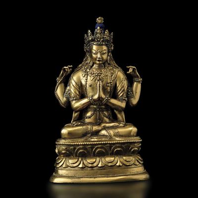 Figura di Buddha Seduto su Doppio Fiore di Loto in Bronzo Dorato e Tracce di Policromia, Mongolia...
