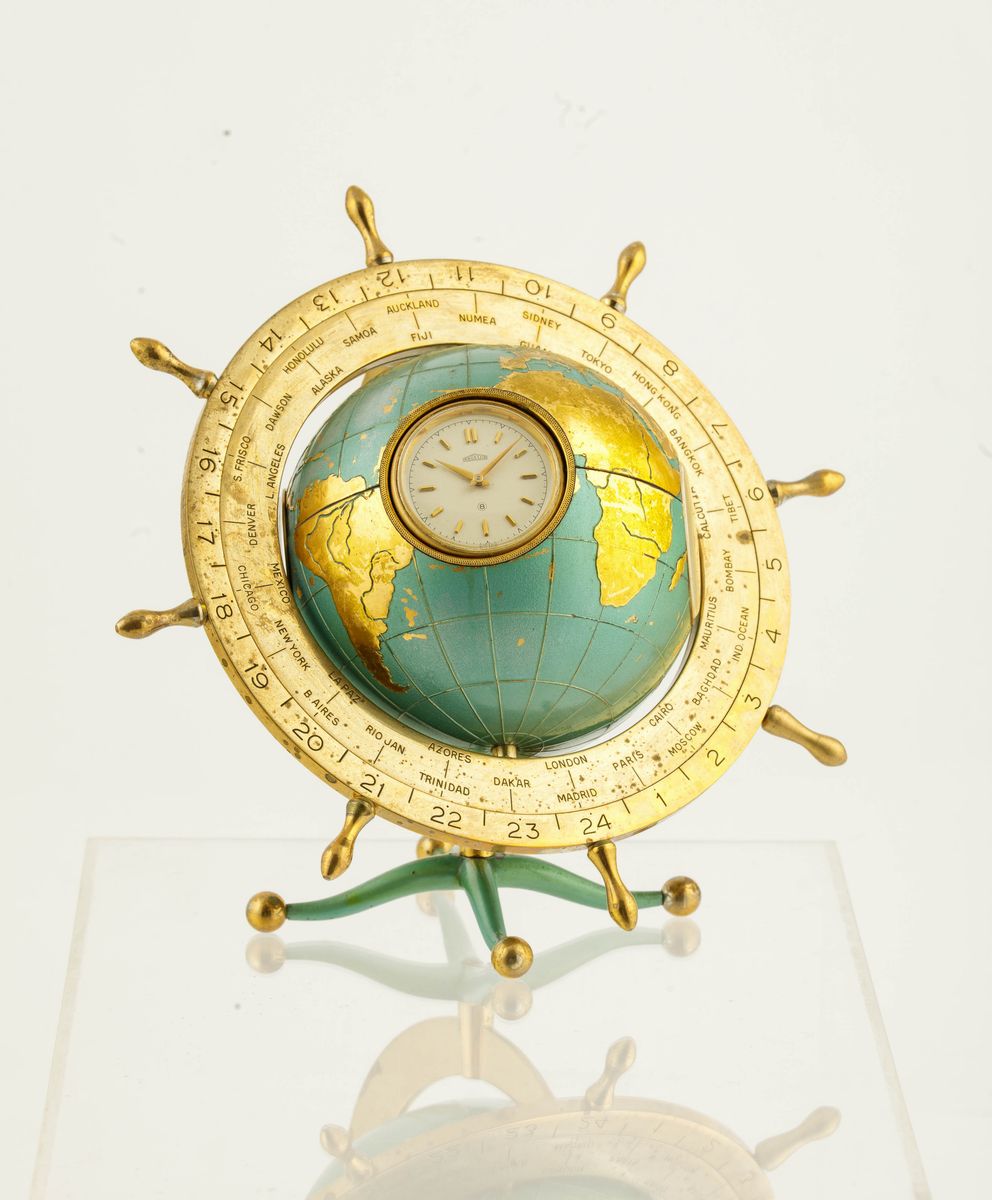 Angelus - Stazione Meteorologica a Forma di Mappamondo con Timone Navale in Ottone Dorato e Smalt...