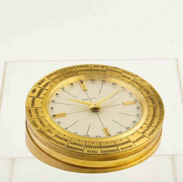 SIMPHONIE - Orologio da scrivania Ore del Mondo in ottone dorato, carica manuale con riserva di 8 giorni